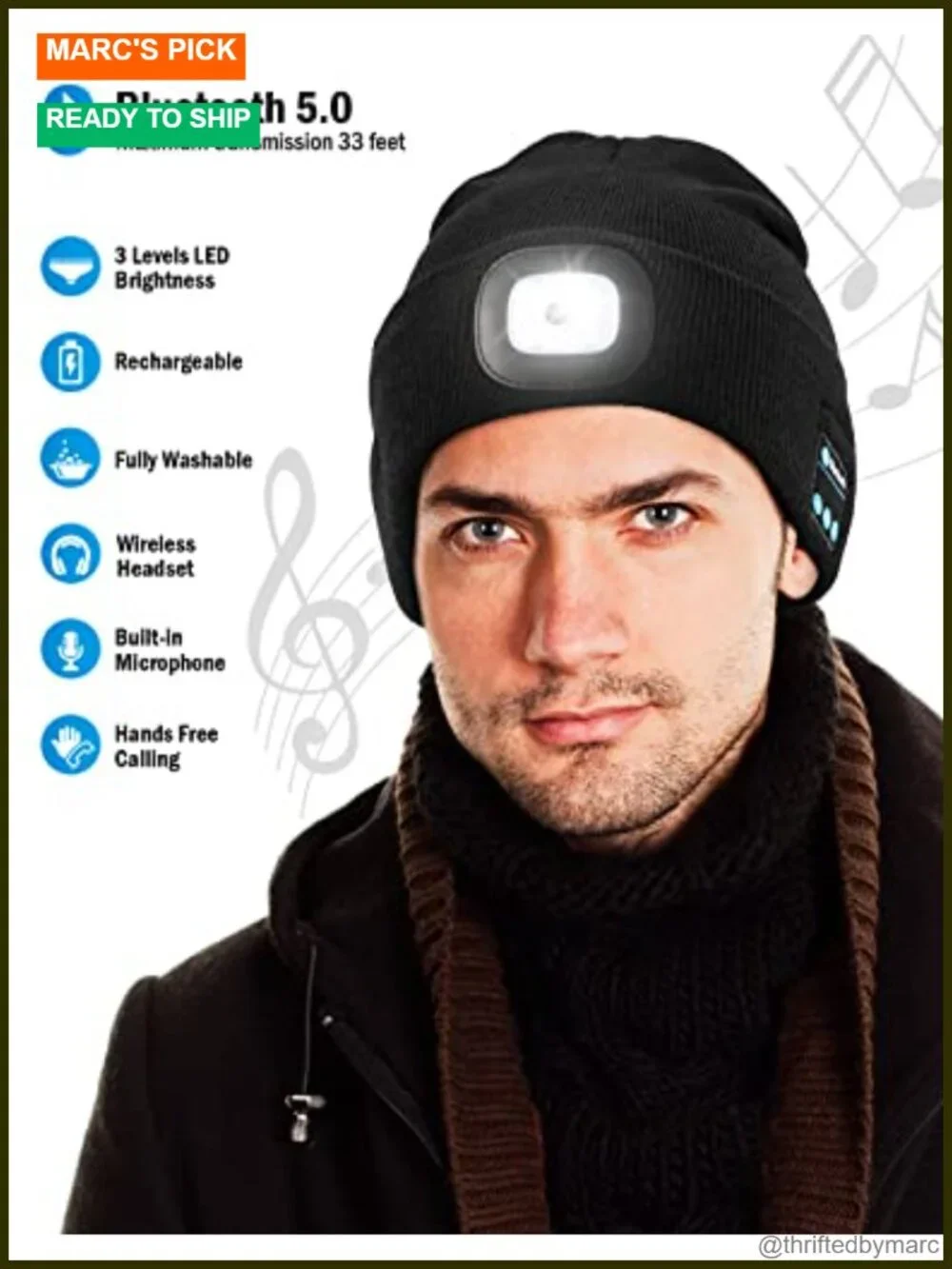 Bluetooth Beanie LED Light Hat Rechargeable Hands-Free Headphones Gift